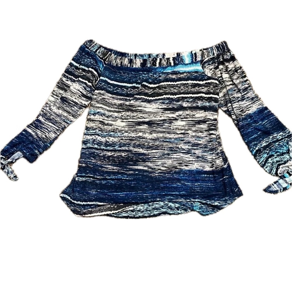Veronica m. Blue white black off the shoulder tie sleeve top